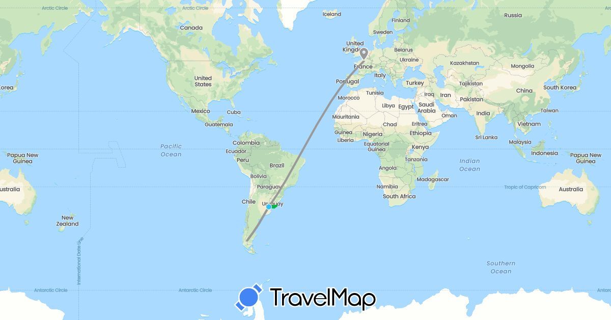 TravelMap itinerary: driving, bus, plane, boat in Argentina, France, Uruguay (Europe, South America)